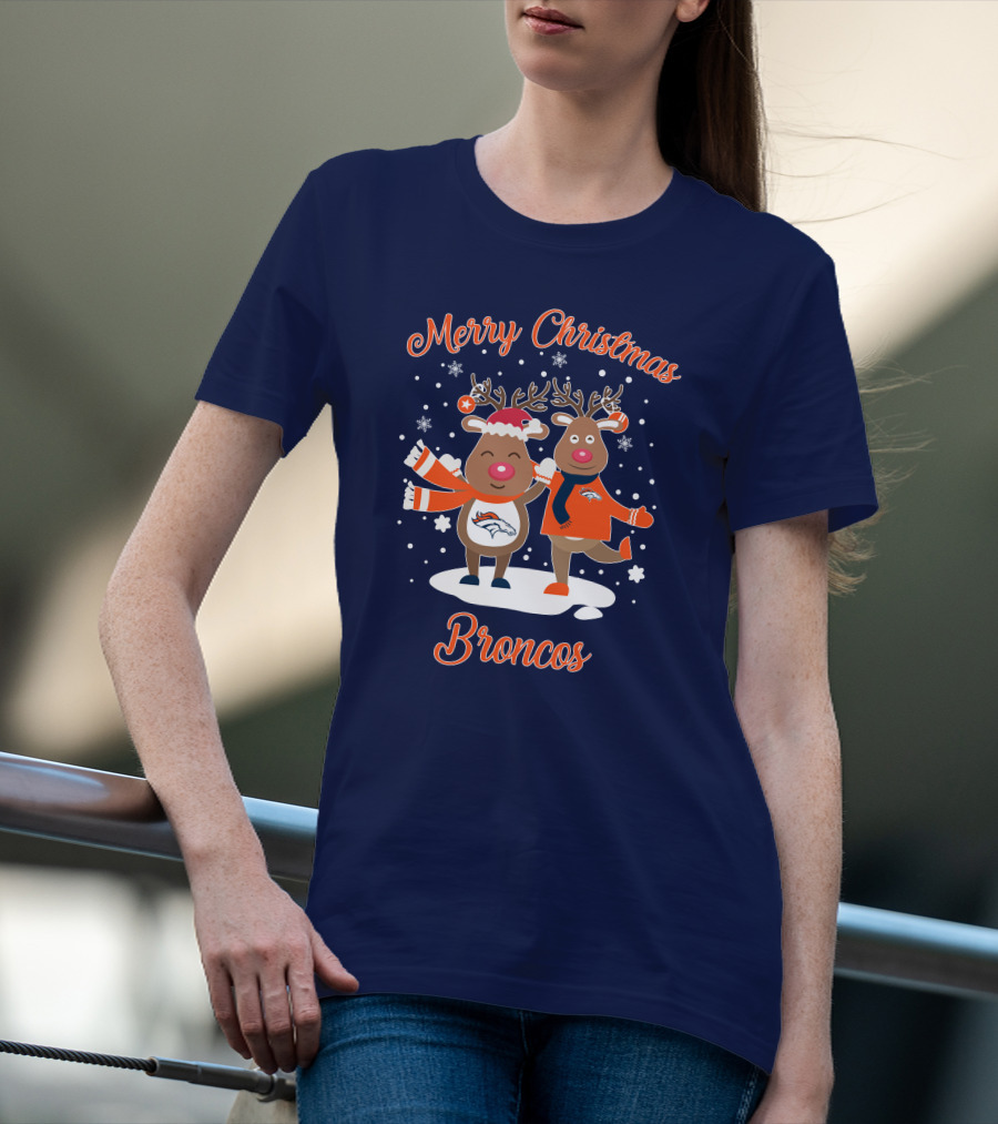 Merry Christmas Broncos Reindeer Snowflakes T-Shirt