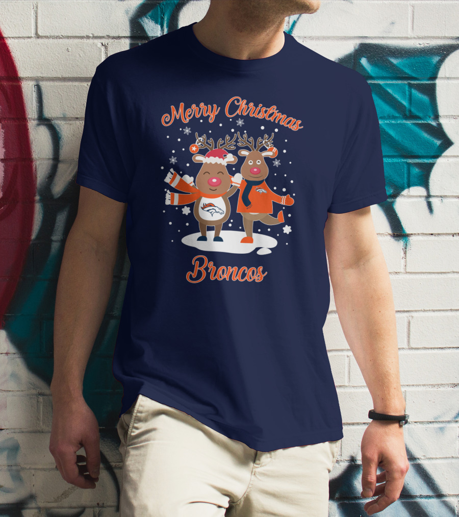 Merry Christmas Broncos Reindeer Snowflakes T-Shirt