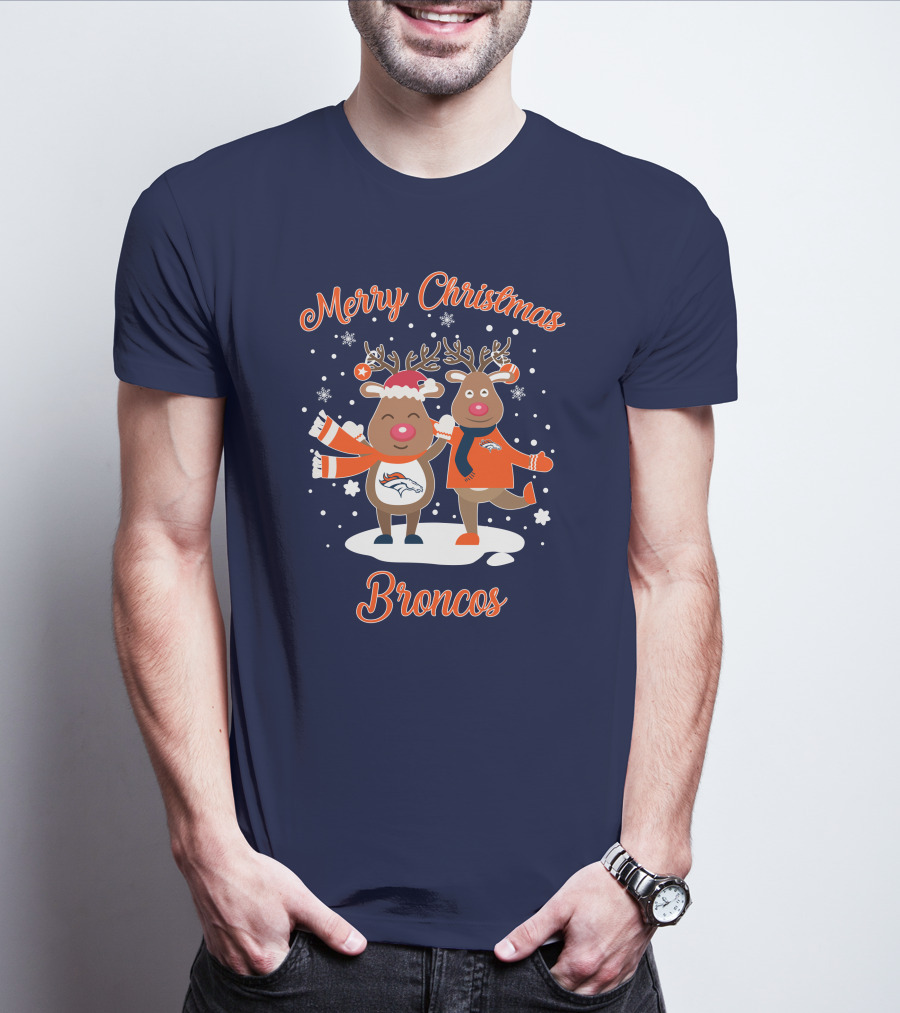 Merry Christmas Broncos Reindeer Snowflakes T-Shirt