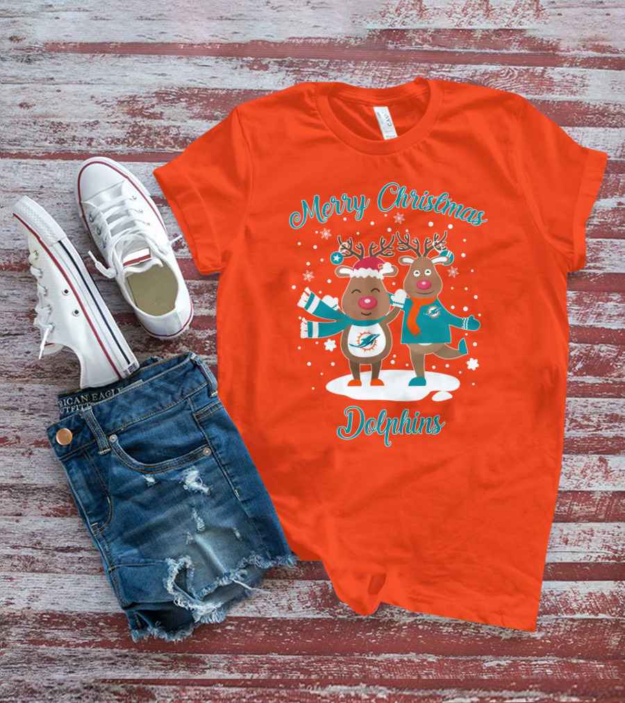 Merry Christmas Dolphins Reindeer Snowflakes T-Shirt