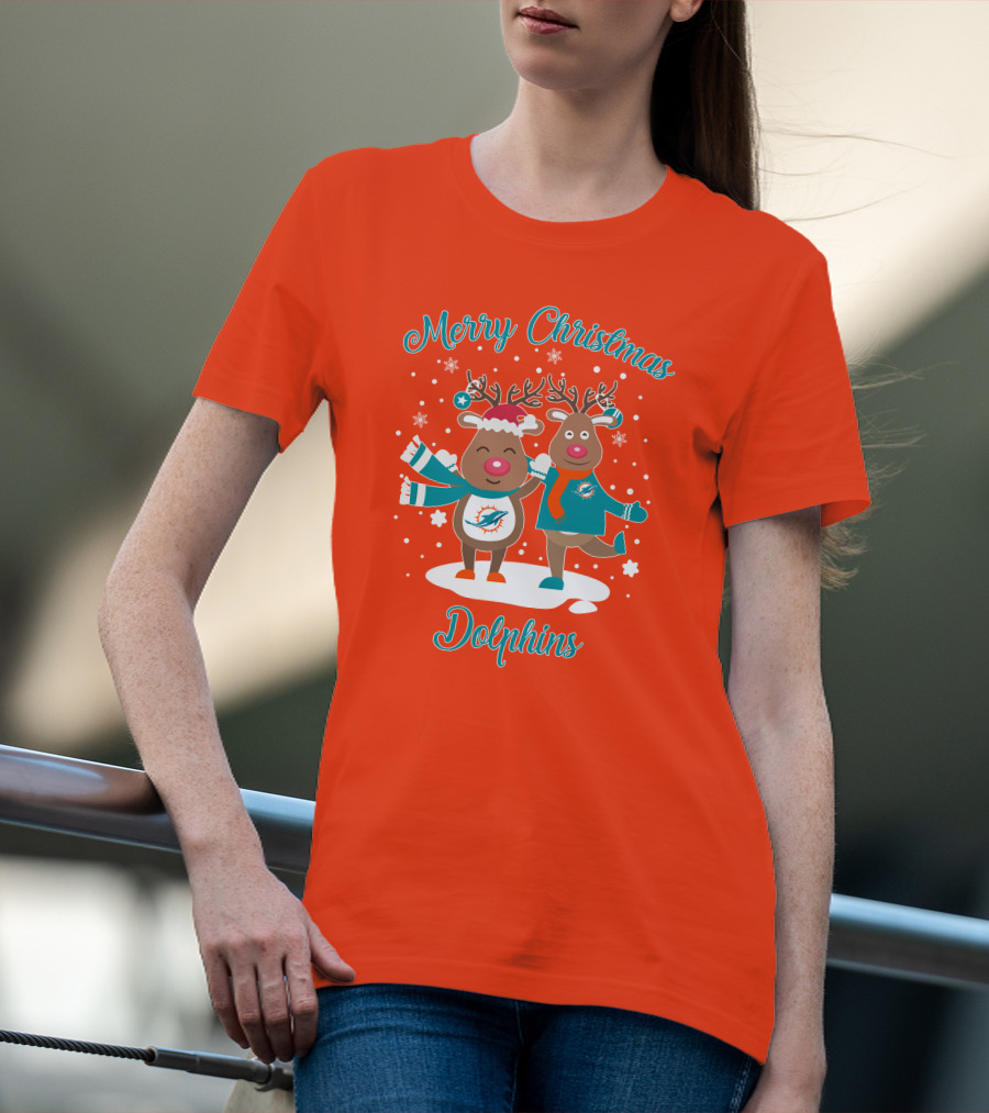 Merry Christmas Dolphins Reindeer Snowflakes T-Shirt