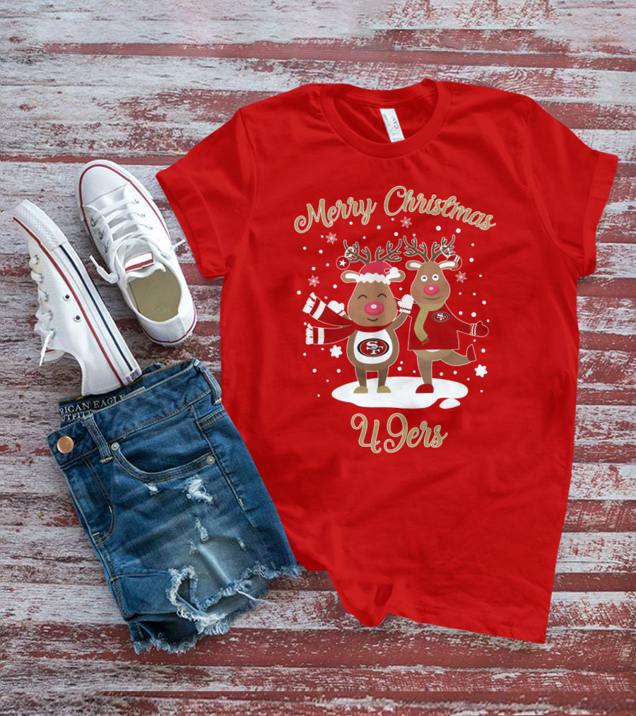 Merry Christmas 49ers Reindeer Festive Holiday T-Shirt