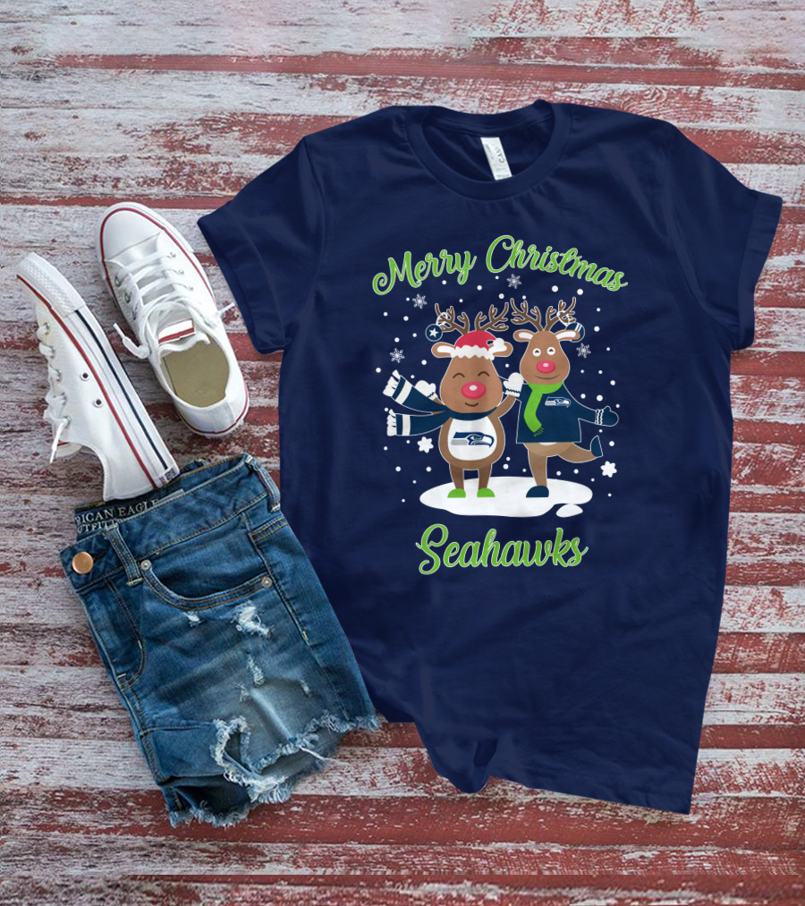 Merry Christmas Seattle Seahawks Reindeer Sweater Festive T-Shirt