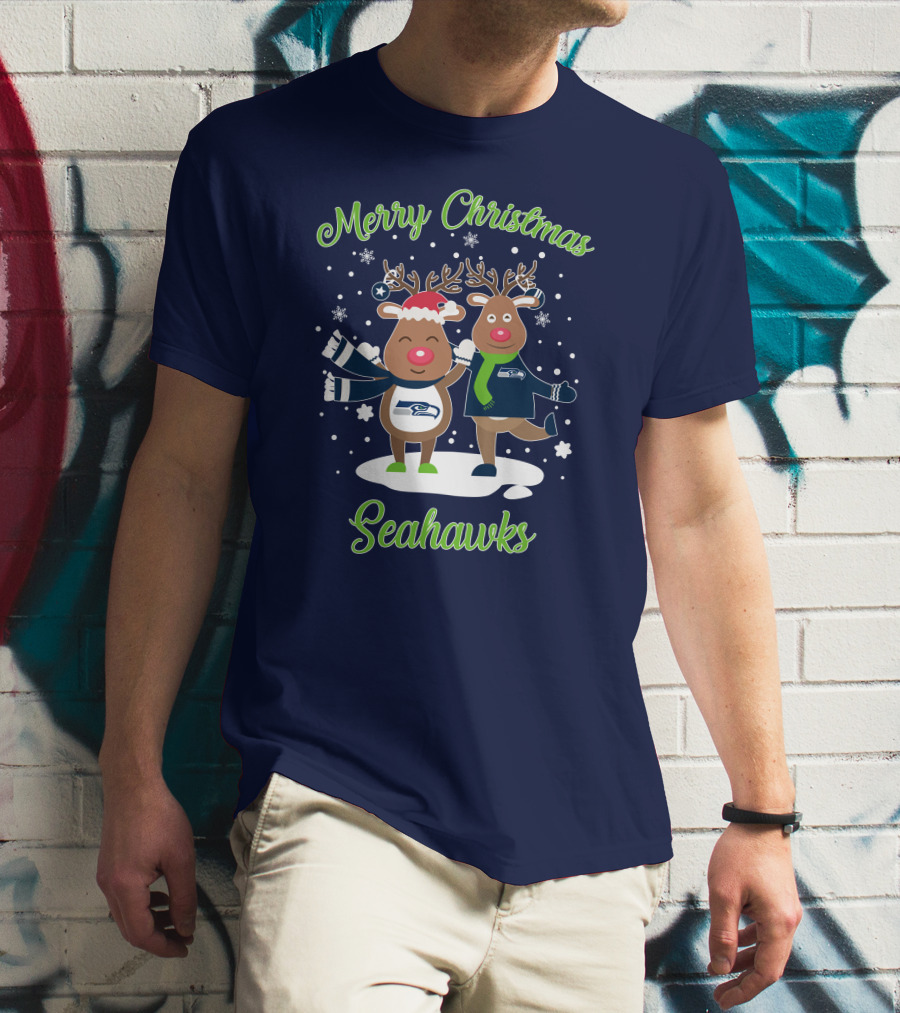 Merry Christmas Seattle Seahawks Reindeer Sweater Festive T-Shirt