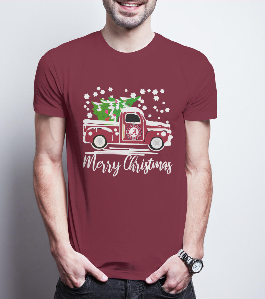 Merry Christmas Alabama Crimson Tide Vintage Truck Snowy Tree T-Shirt