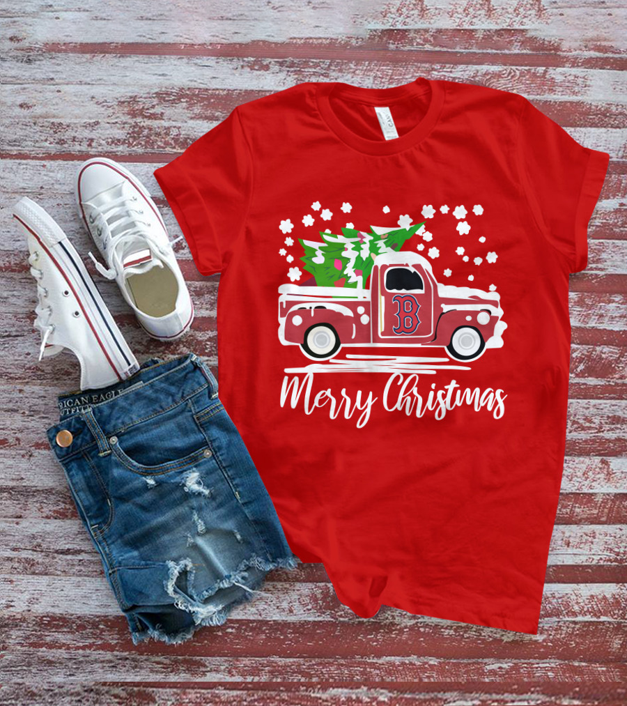 Boston Red Sox B Vintage Car Merry Christmas Tree Snowflakes T-Shirt