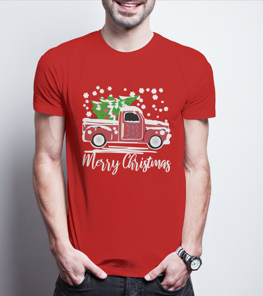 Boston Red Sox B Vintage Car Merry Christmas Tree Snowflakes T-Shirt