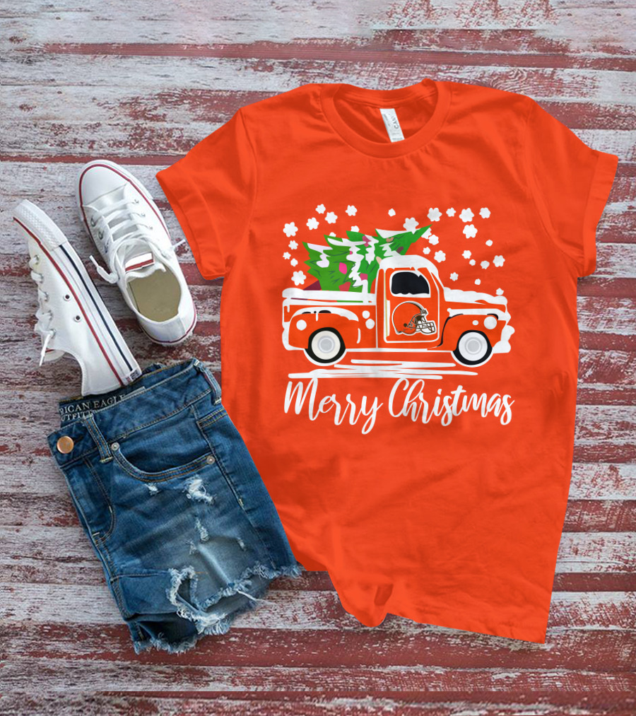 Cleveland Browns Merry Christmas Vintage Car With Christmas Tree T-Shirt
