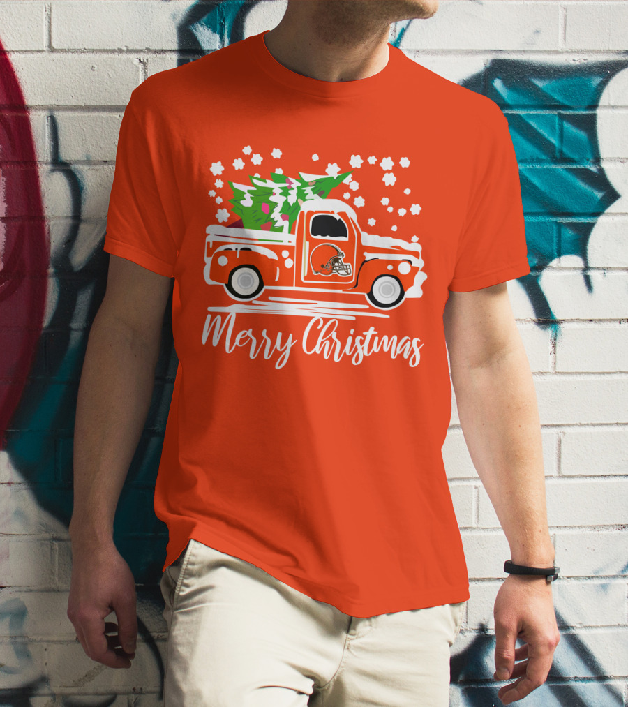 Cleveland Browns Merry Christmas Vintage Car With Christmas Tree T-Shirt