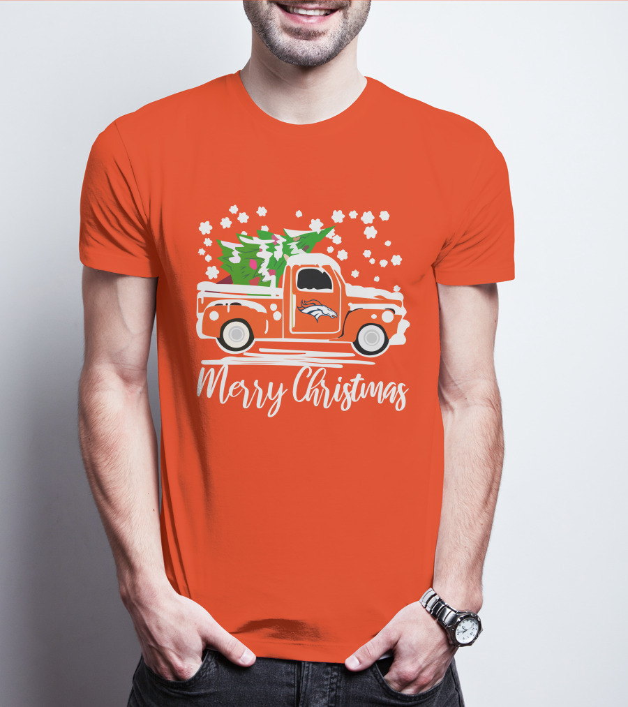 Denver Broncos Vintage Truck Merry Christmas Snowflakes T-Shirt