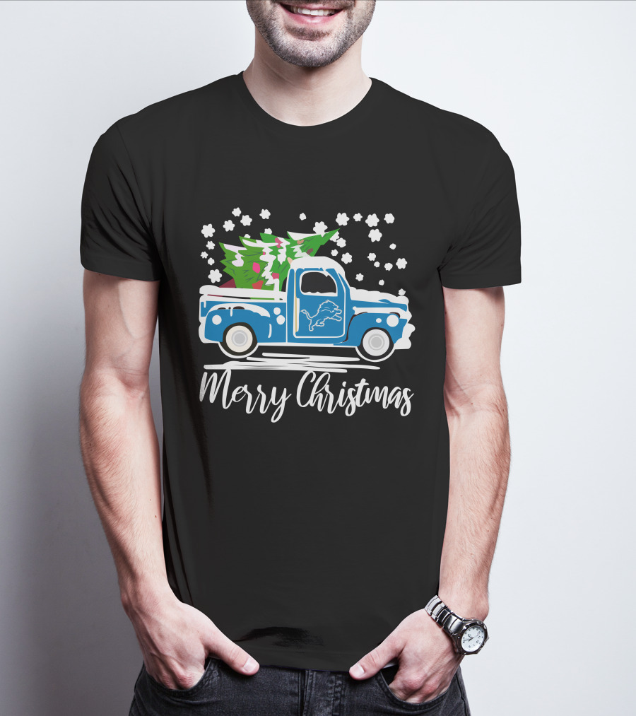 Detroit Lions Vintage Car Merry Christmas Snowy Tree Scene T-Shirt