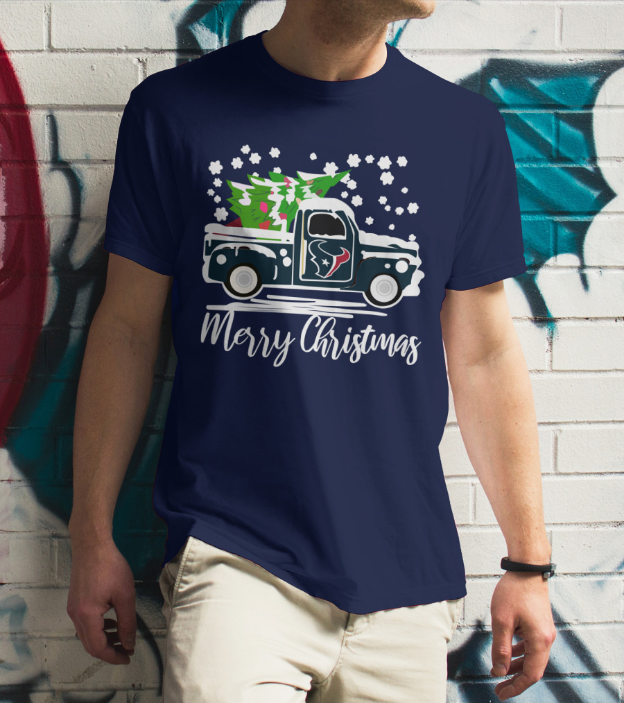 Houston Texans Merry Christmas Vintage Car With Christmas Tree T-Shirt
