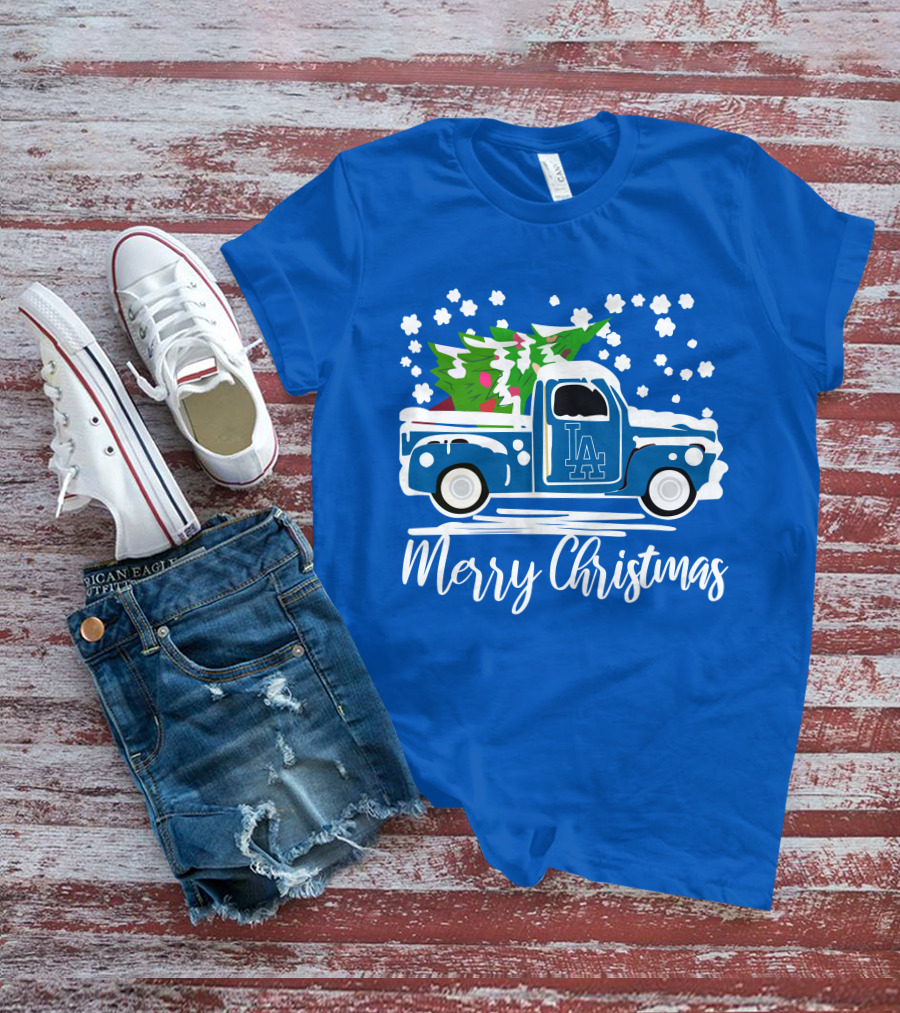 Los Angeles Dodgers LA Vintage Car Merry Christmas Snowflakes Tree T-Shirt