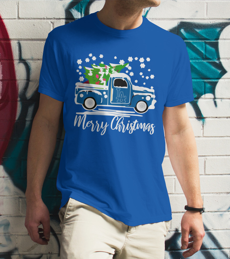 Los Angeles Dodgers LA Vintage Car Merry Christmas Snowflakes Tree T-Shirt