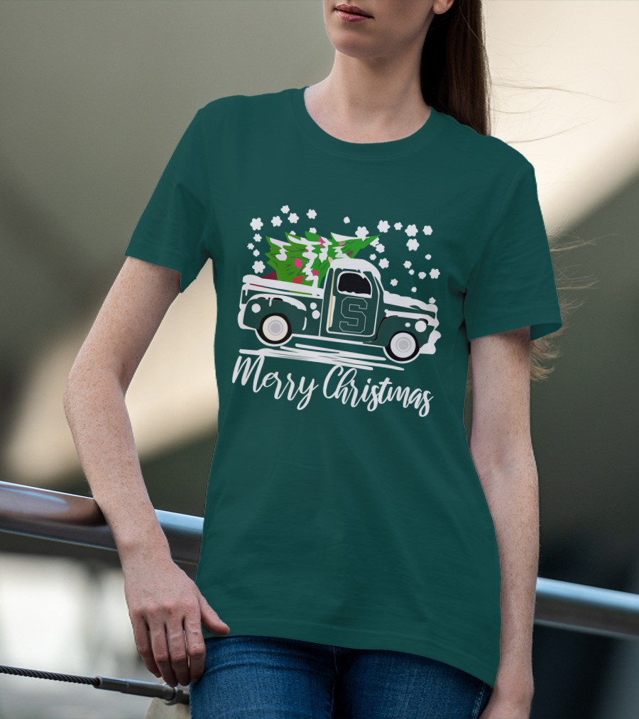 Merry Christmas Michigan State Spartans Vintage Car With Christmas Tree T-Shirt