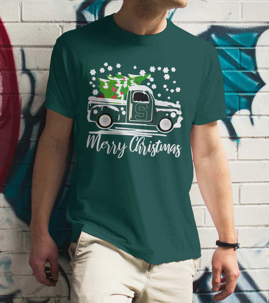 Merry Christmas Michigan State Spartans Vintage Car With Christmas Tree T-Shirt