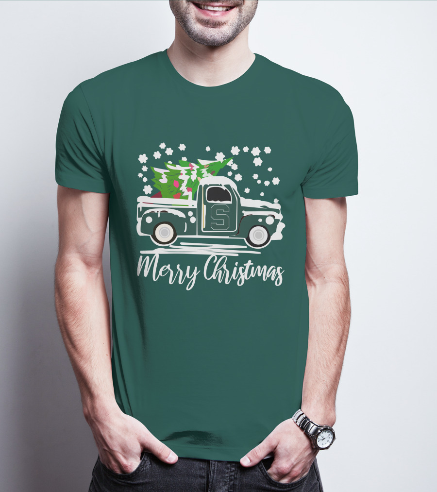 Merry Christmas Michigan State Spartans Vintage Car With Christmas Tree T-Shirt
