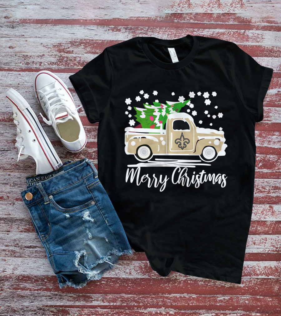 New Orleans Saints Vintage Car Merry Christmas Tree Snowflakes T-Shirt