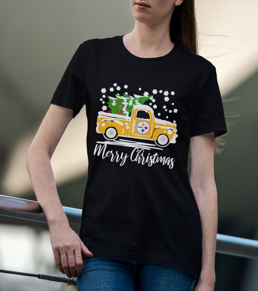Pittsburgh Steelers Merry Christmas Vintage Car With Christmas Tree T-Shirt