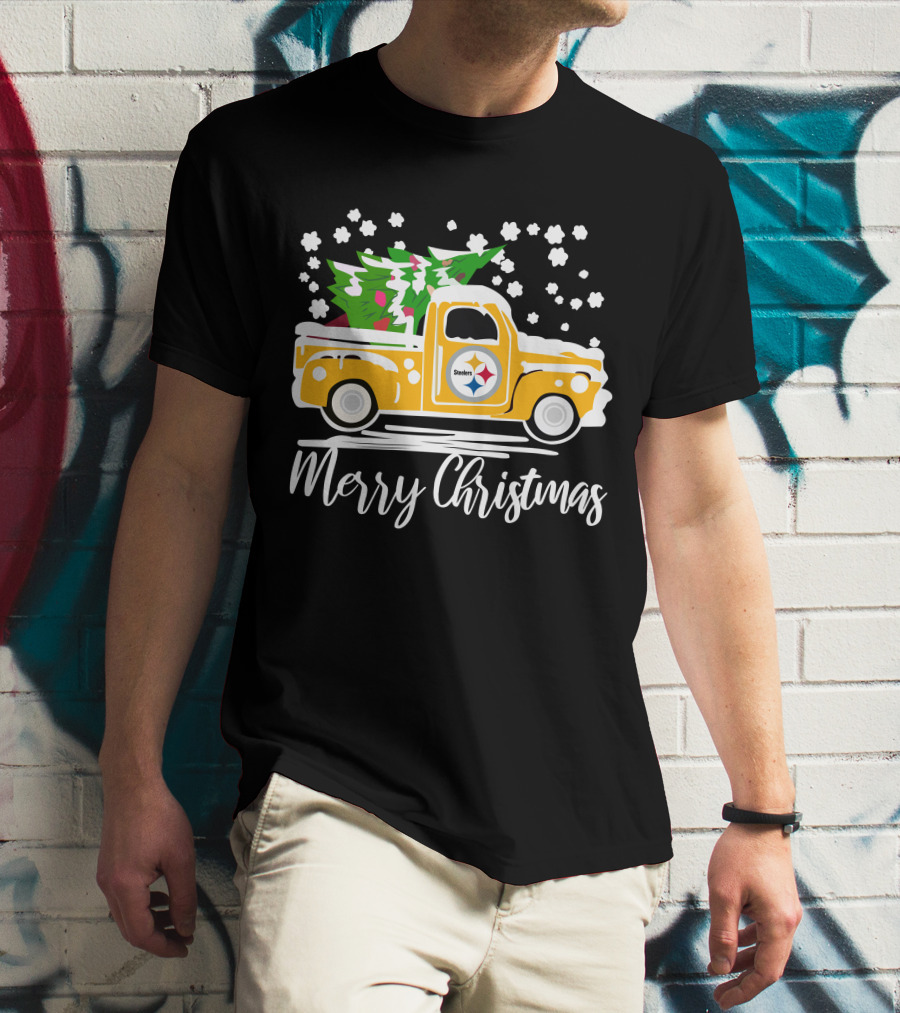 Pittsburgh Steelers Merry Christmas Vintage Car With Christmas Tree T-Shirt
