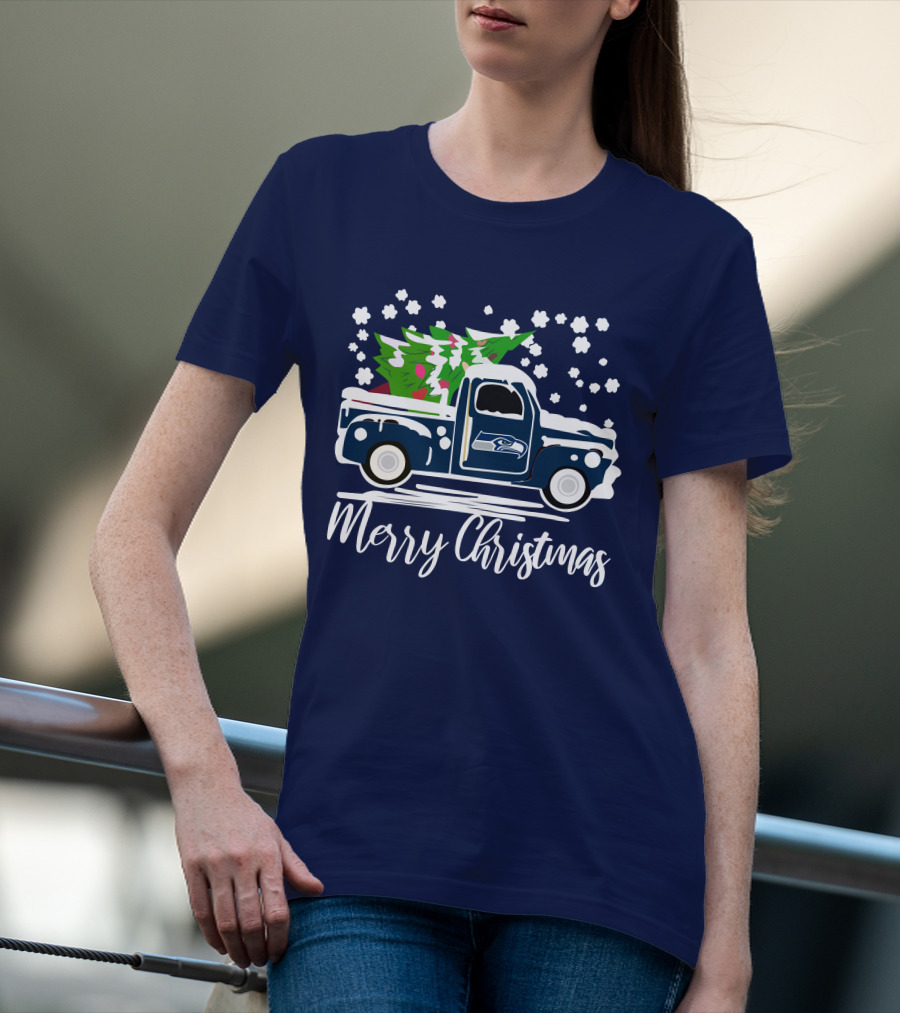 Seattle Seahawks Vintage Truck Merry Christmas Snowflakes And Tree T-Shirt