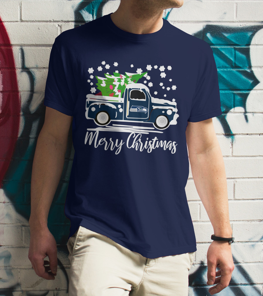 Seattle Seahawks Vintage Truck Merry Christmas Snowflakes And Tree T-Shirt