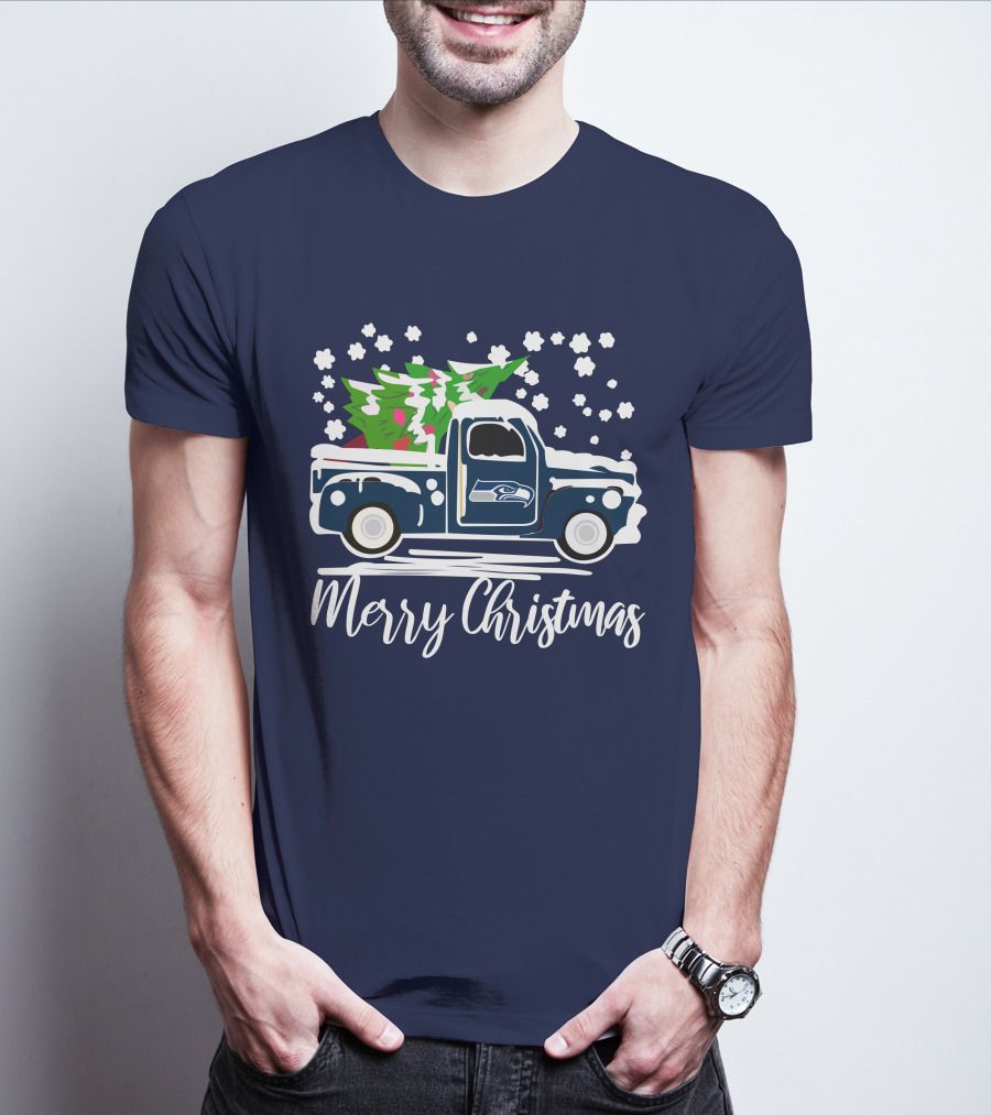 Seattle Seahawks Vintage Truck Merry Christmas Snowflakes And Tree T-Shirt