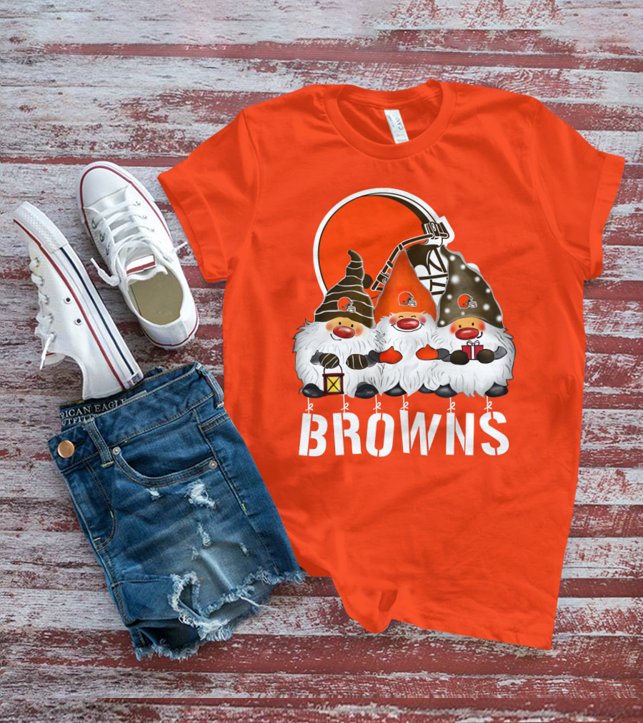 Cleveland Browns Merry Christmas Happy Holidays With Gnome Trio And Football Helmets T-Shirt