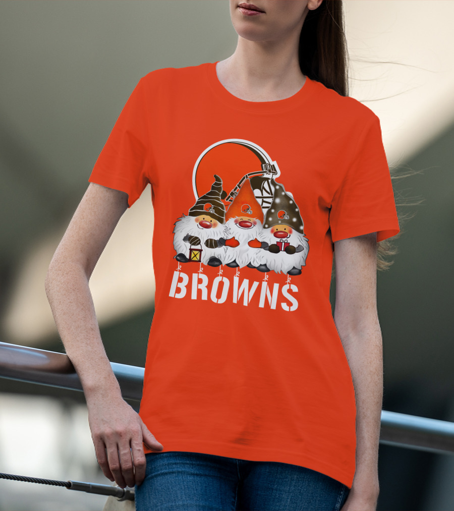 Cleveland Browns Merry Christmas Happy Holidays With Gnome Trio And Football Helmets T-Shirt