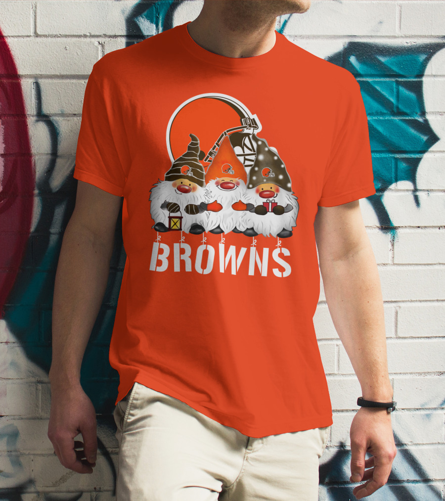 Cleveland Browns Merry Christmas Happy Holidays With Gnome Trio And Football Helmets T-Shirt