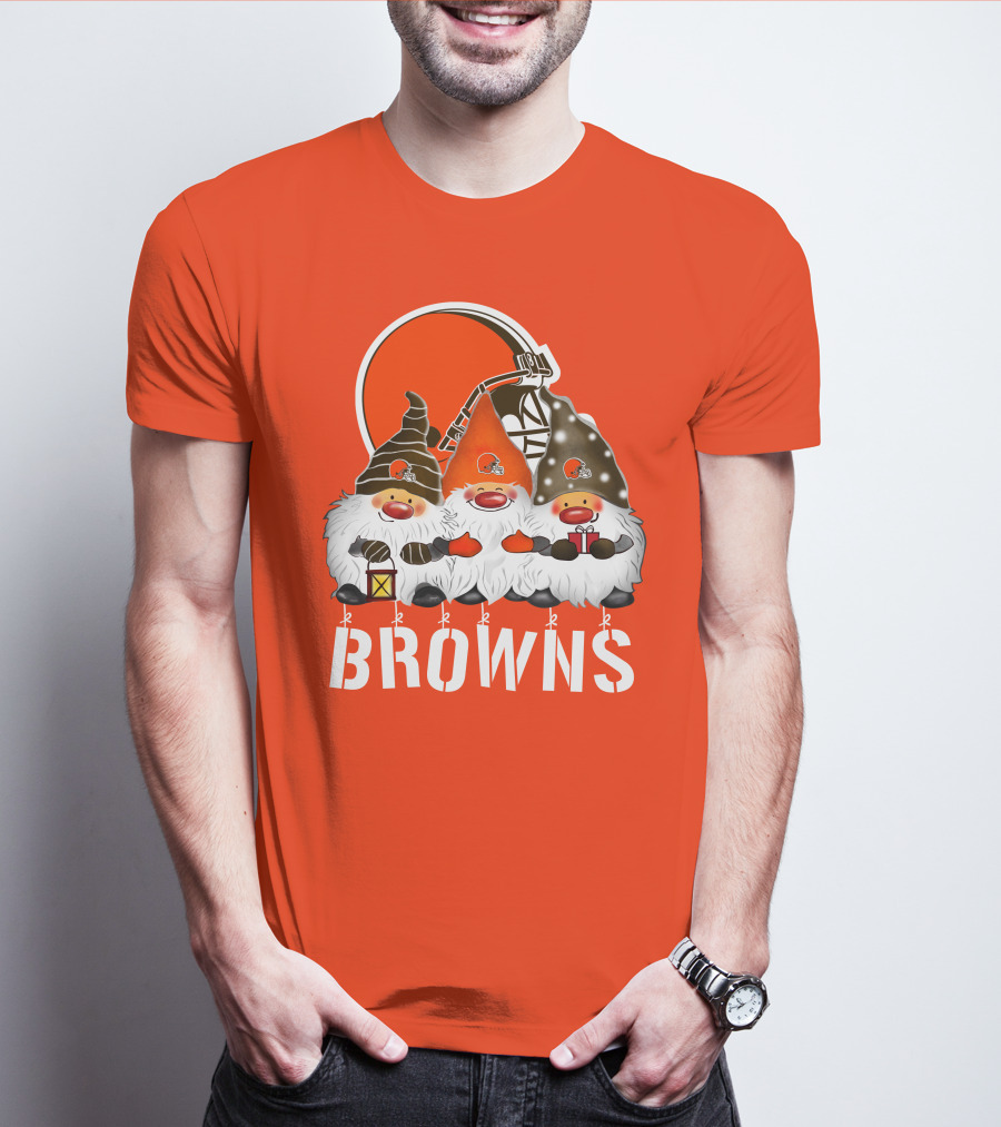 Cleveland Browns Merry Christmas Happy Holidays With Gnome Trio And Football Helmets T-Shirt