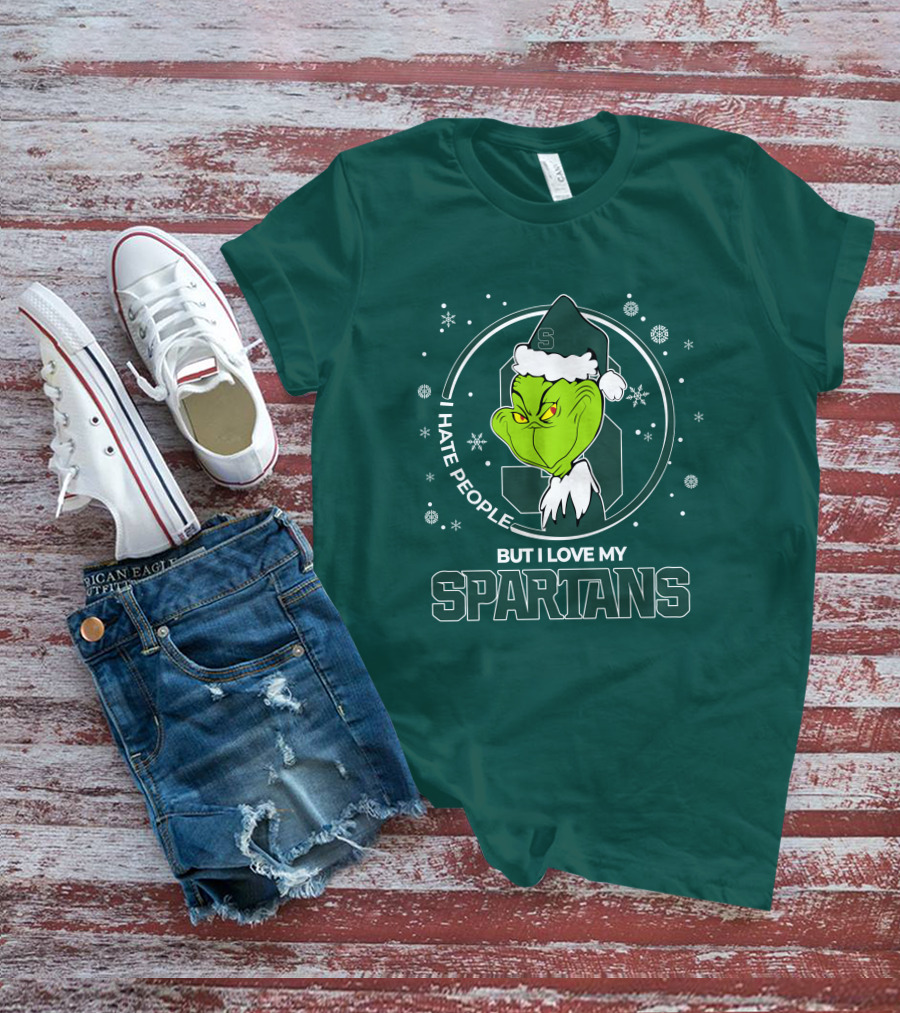 Christmas Grinch Santa I Hate People But I Love My Spartans T-Shirt