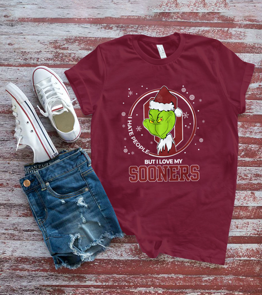 I Hate People But I Love My Sooners Grinch Christmas Santa T-Shirt