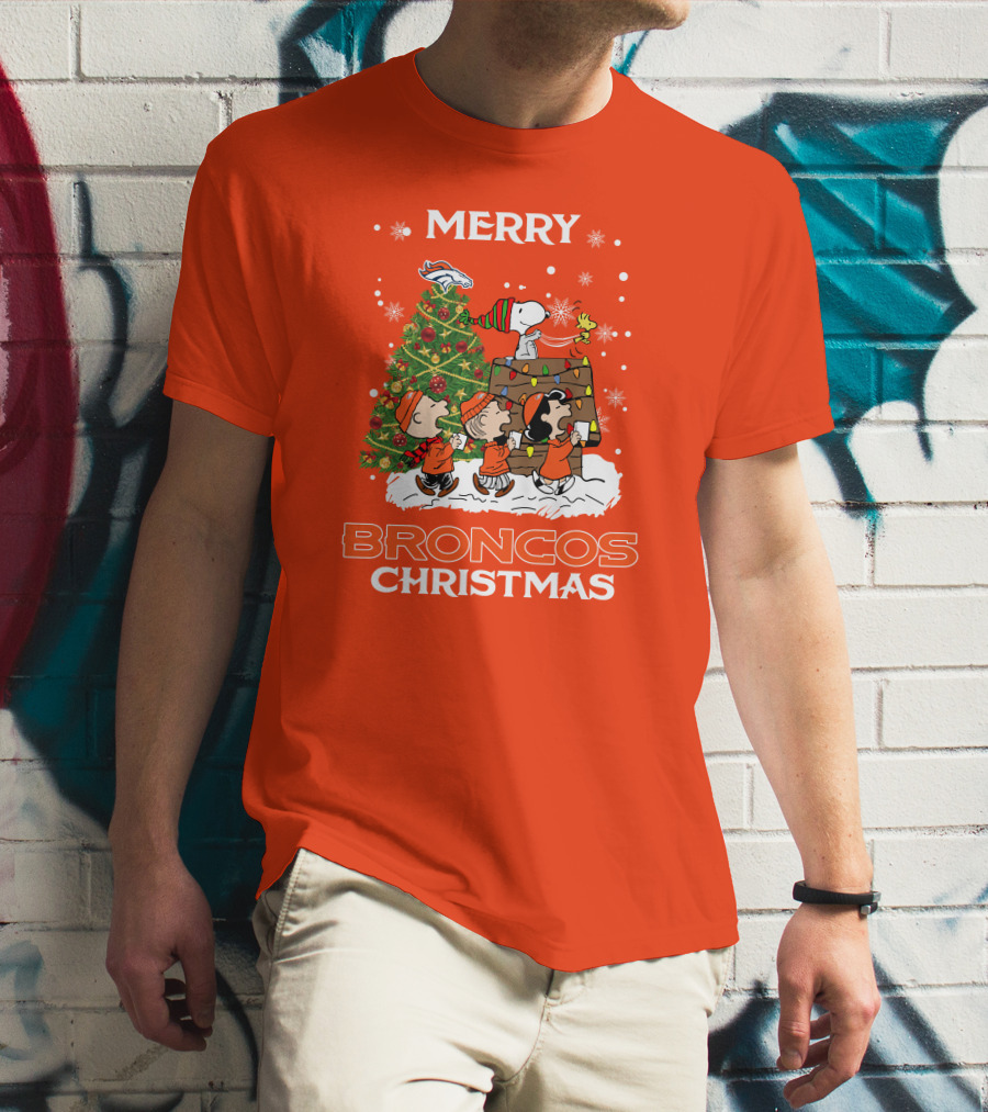 Merry Broncos Christmas Peanuts Tree Theme T-Shirt