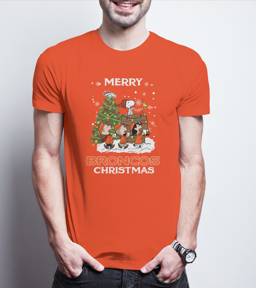 Merry Broncos Christmas Peanuts Tree Theme T-Shirt
