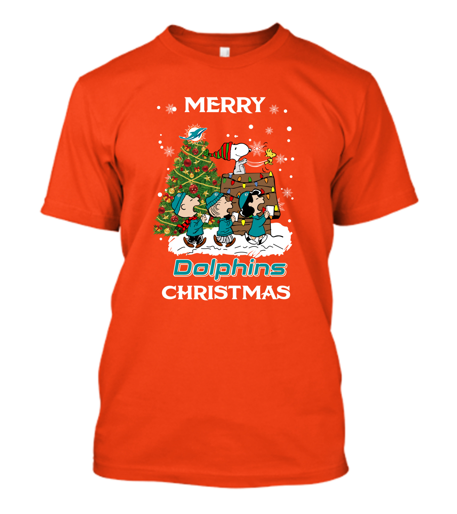 Merry Dolphins Christmas Peanuts Characters With Tree Miami T-Shirt