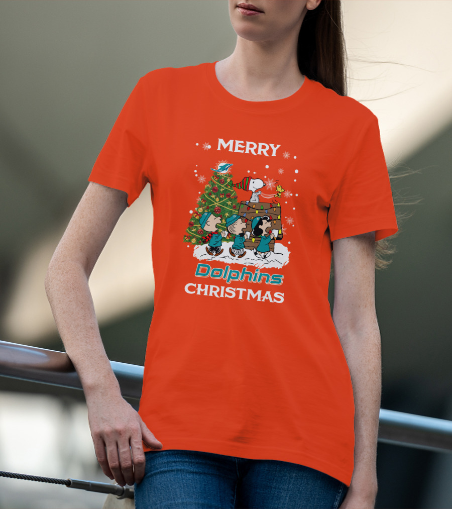 Merry Dolphins Christmas Peanuts Characters With Tree Miami T-Shirt