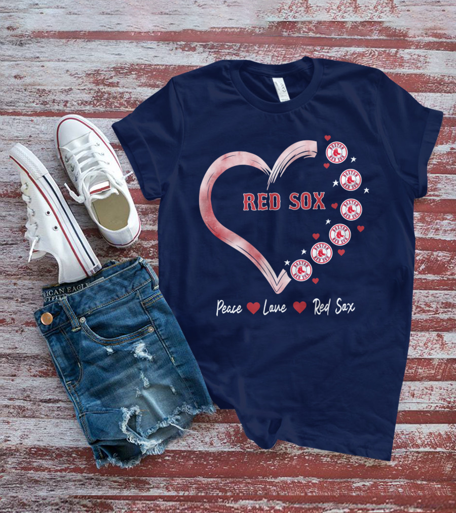 Peace Love Red Sox Heart With Boston Red Sox Logos And Stars T-Shirt