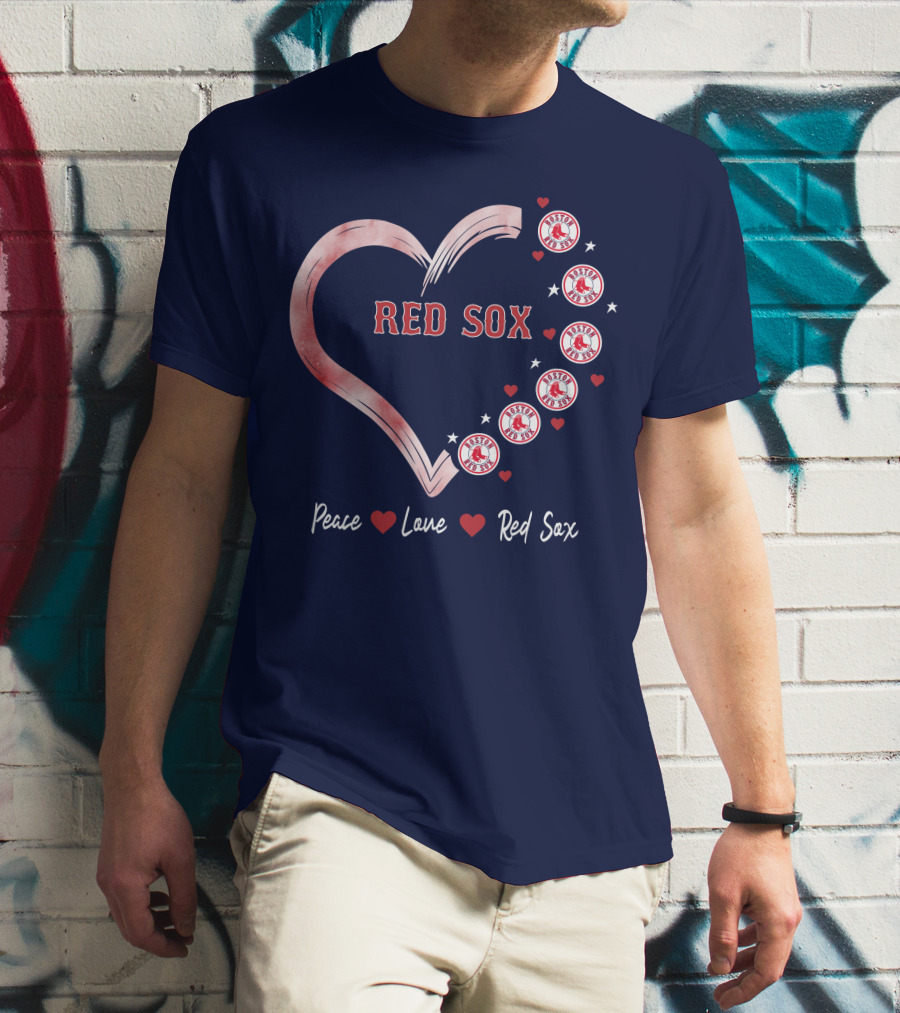 Peace Love Red Sox Heart With Boston Red Sox Logos And Stars T-Shirt