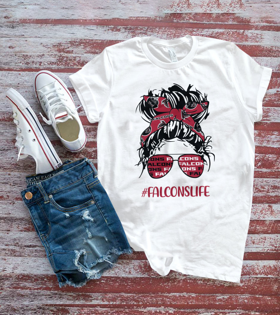 Atlanta Falcons Life Messy Bun Girl With Falcon Headband Glasses T-Shirt