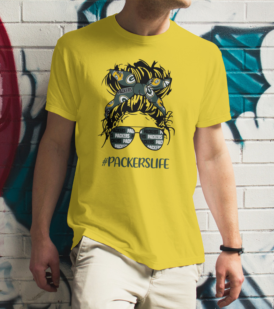 PACKERSLIFE Messy Bun Girl With Packers Headband And Glasses T-Shirt