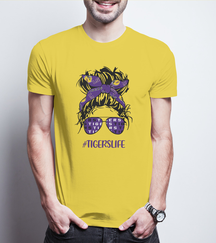 TIGERSLIFE LSU Messy Bun Girl Headband Glasses T-Shirt
