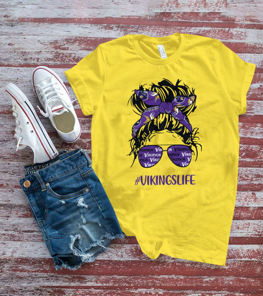 Vikings Life Messy Bun Girl Headband Glasses Minnesota Vikings T-Shirt