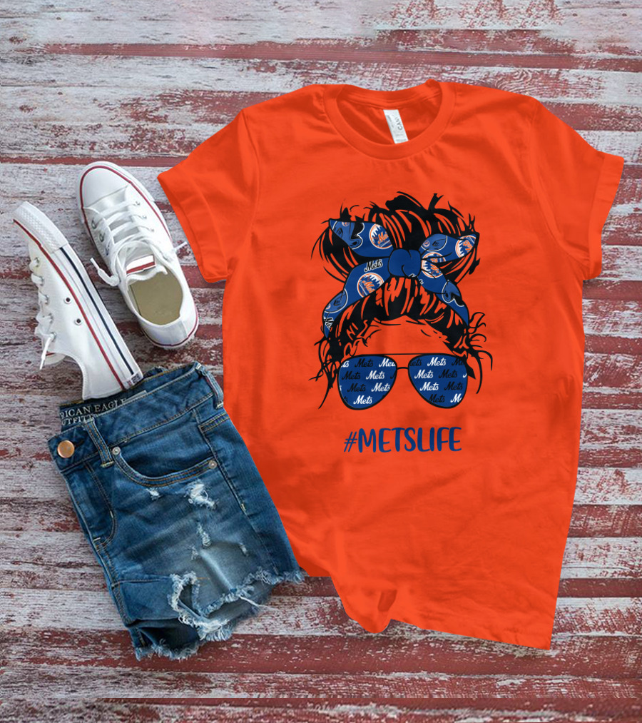 New York Mets Life Messy Bun Girl Headband Glasses #MetsLife T-Shirt