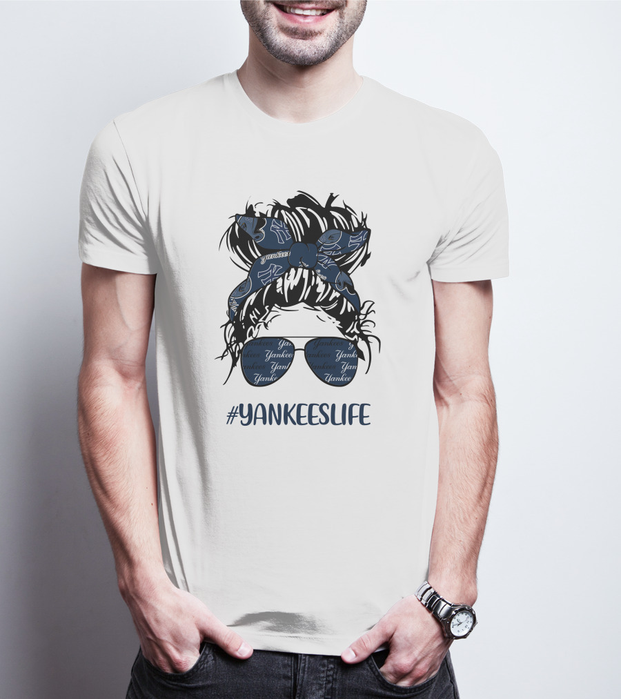 YANKEESLIFE Messy Bun Girl With Yankees Headband And Glasses T-Shirt