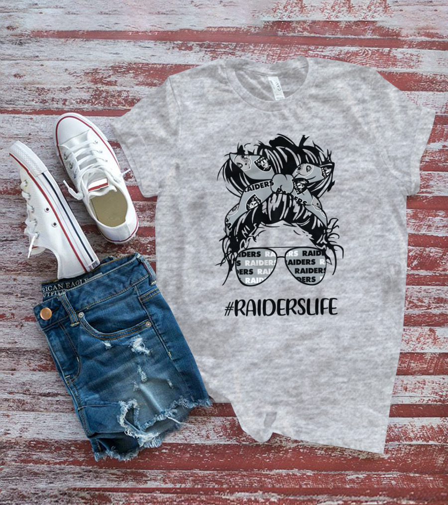 Raiderslife Messy Bun Girl With Raiders Headband Glasses Las Vegas Raiders T-Shirt