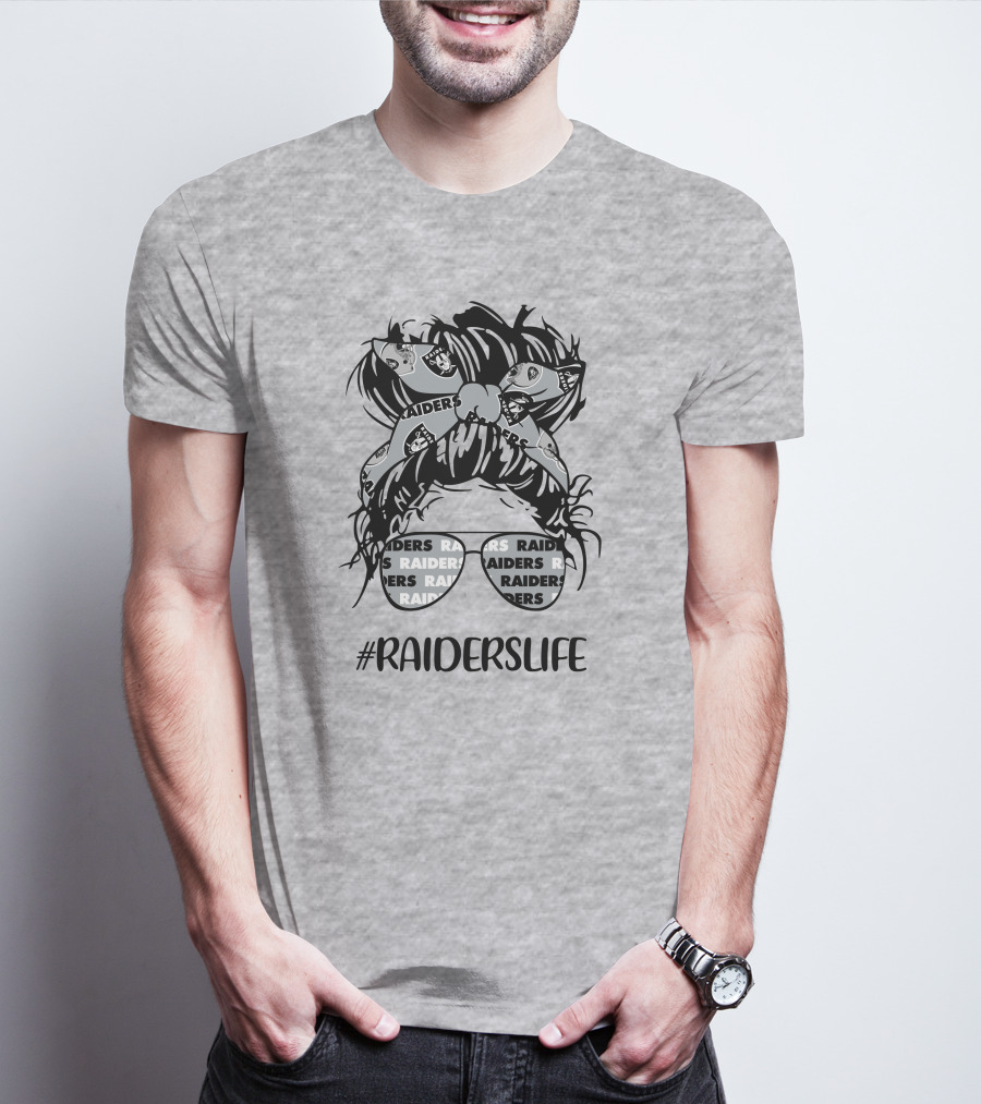 Raiderslife Messy Bun Girl With Raiders Headband Glasses Las Vegas Raiders T-Shirt