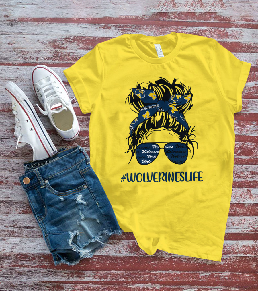 Michigan Wolverines Life Messy Bun Girl Headband Glasses Wolverines T-Shirt