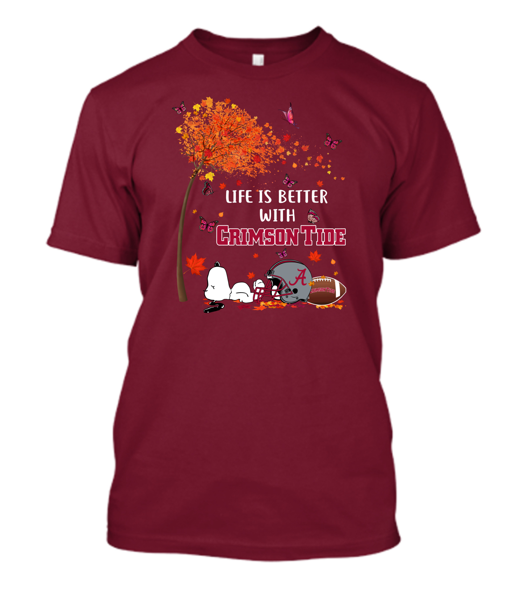Life Is Better With Crimson Tide Alabama Football Autumn Leaves Butterflies Snoopy Woodstock T-Shirt