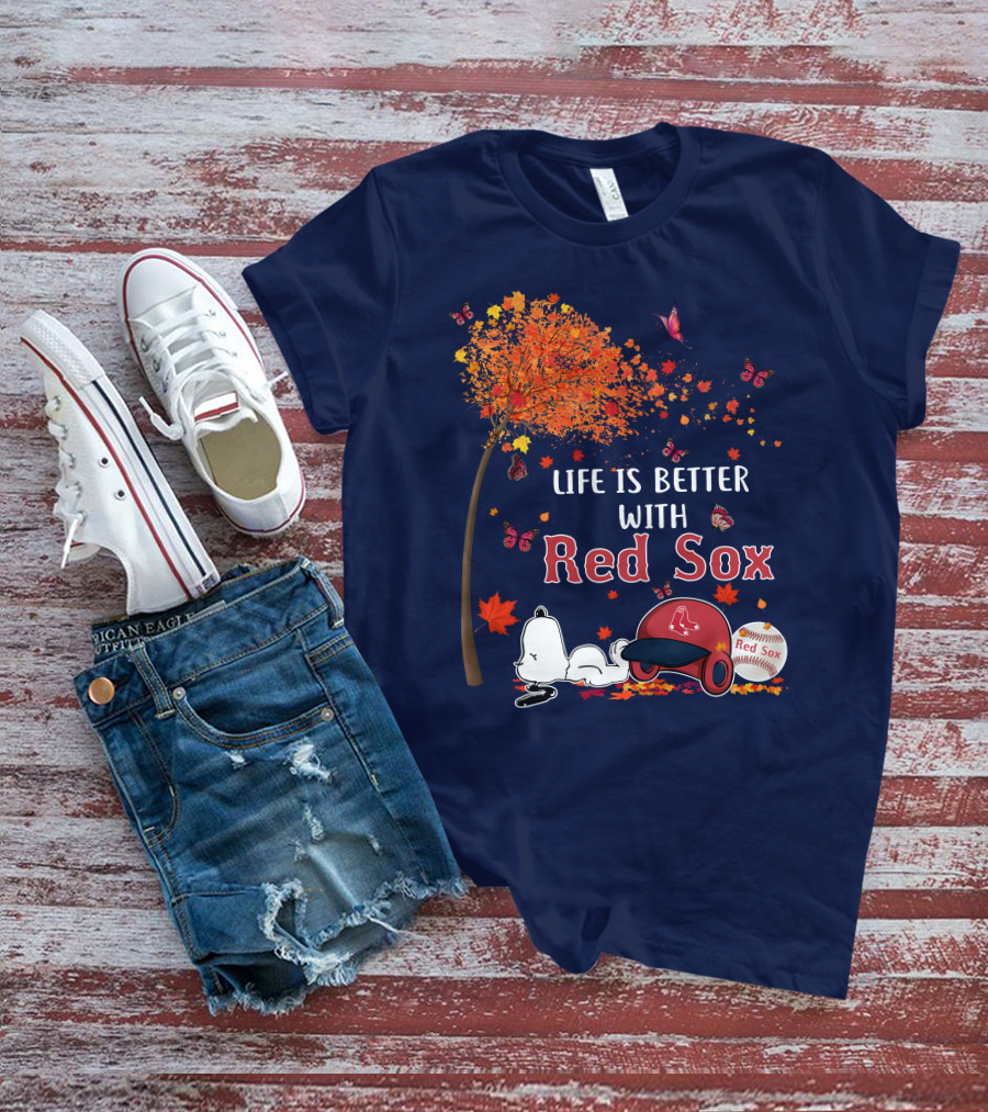 Life Is Better With Red Sox Tree Butterflies Baseball T-Shirt